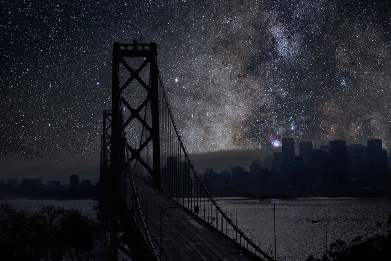 An imagined cityscape of San Francisco, with the lights off and bright stars in the sky.